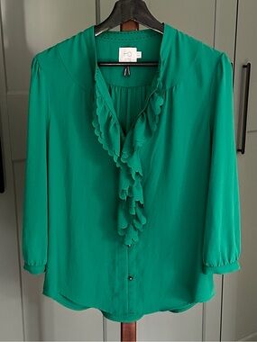 HD in Paris Green Ruffle Front V-Neck Blouse